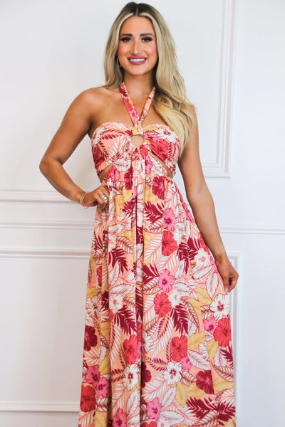 On Vacay Time Halter Cutout Floral Maxi Dress: Peach/Red Multi - Bella and Bloom Boutique