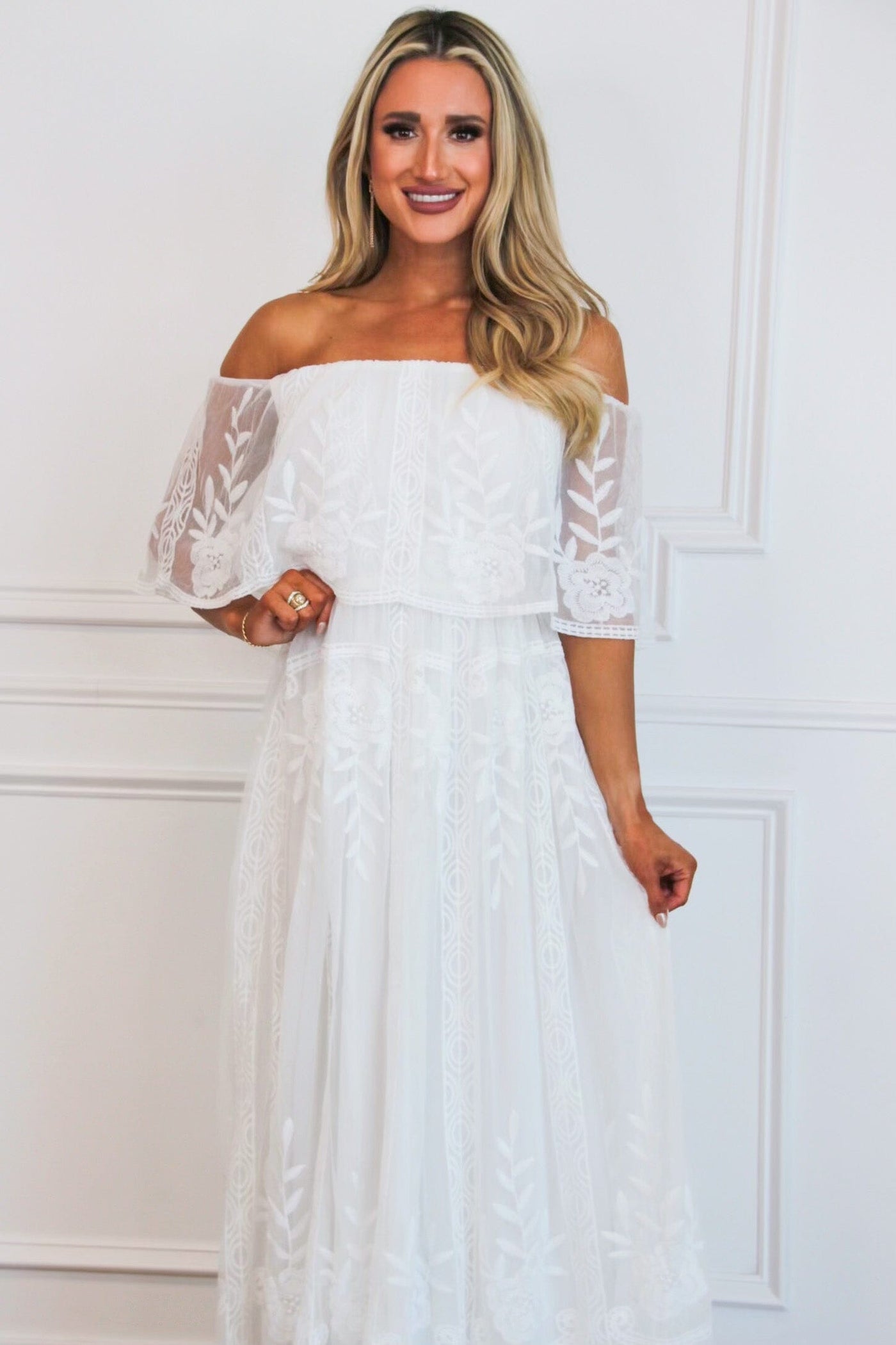 Pia Lace Off Shoulder Maxi Dress: White - Bella and Bloom Boutique
