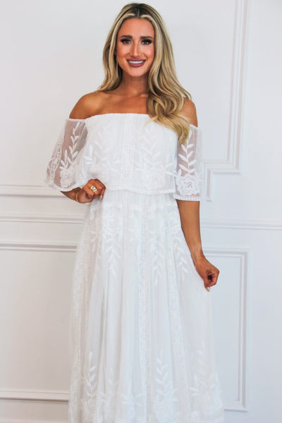 Pia Lace Off Shoulder Maxi Dress: White - Bella and Bloom Boutique