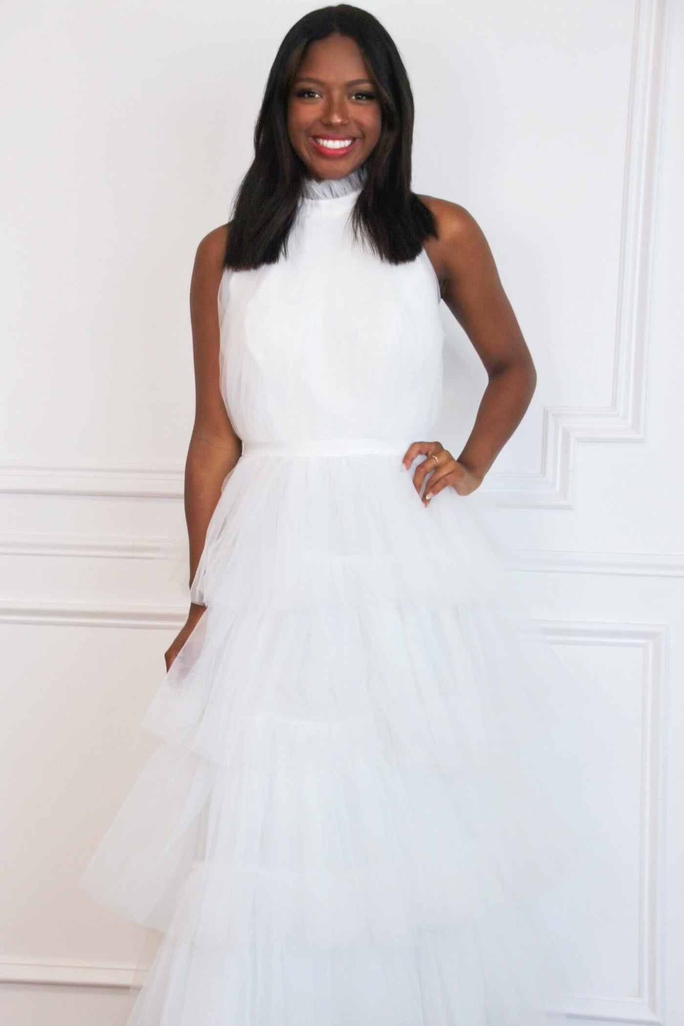 Kelsea Tiered Tulle Maxi Dress: White - Bella and Bloom Boutique
