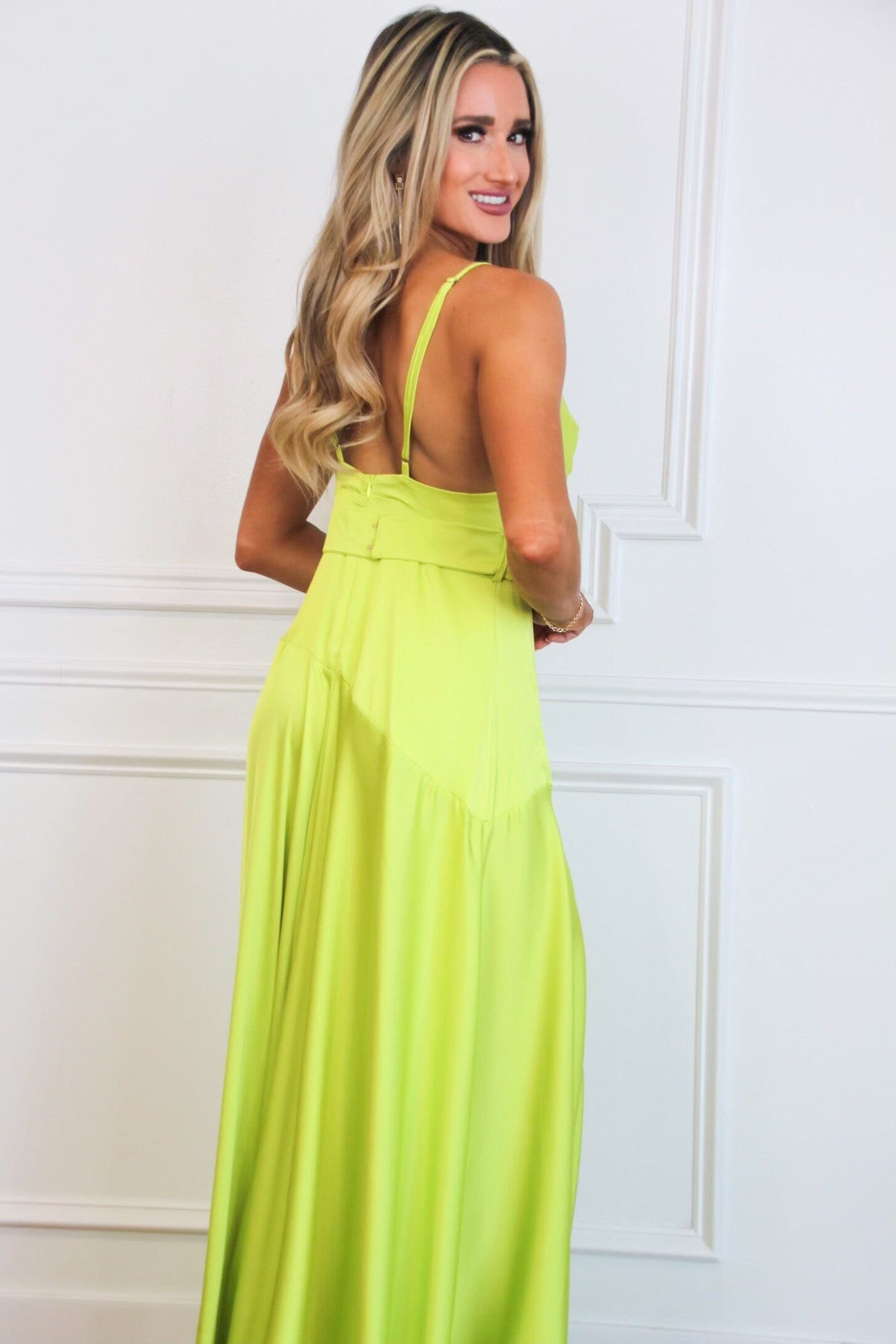 Milani Cowl Neck Satin Maxi Dress: Lime - Bella and Bloom Boutique