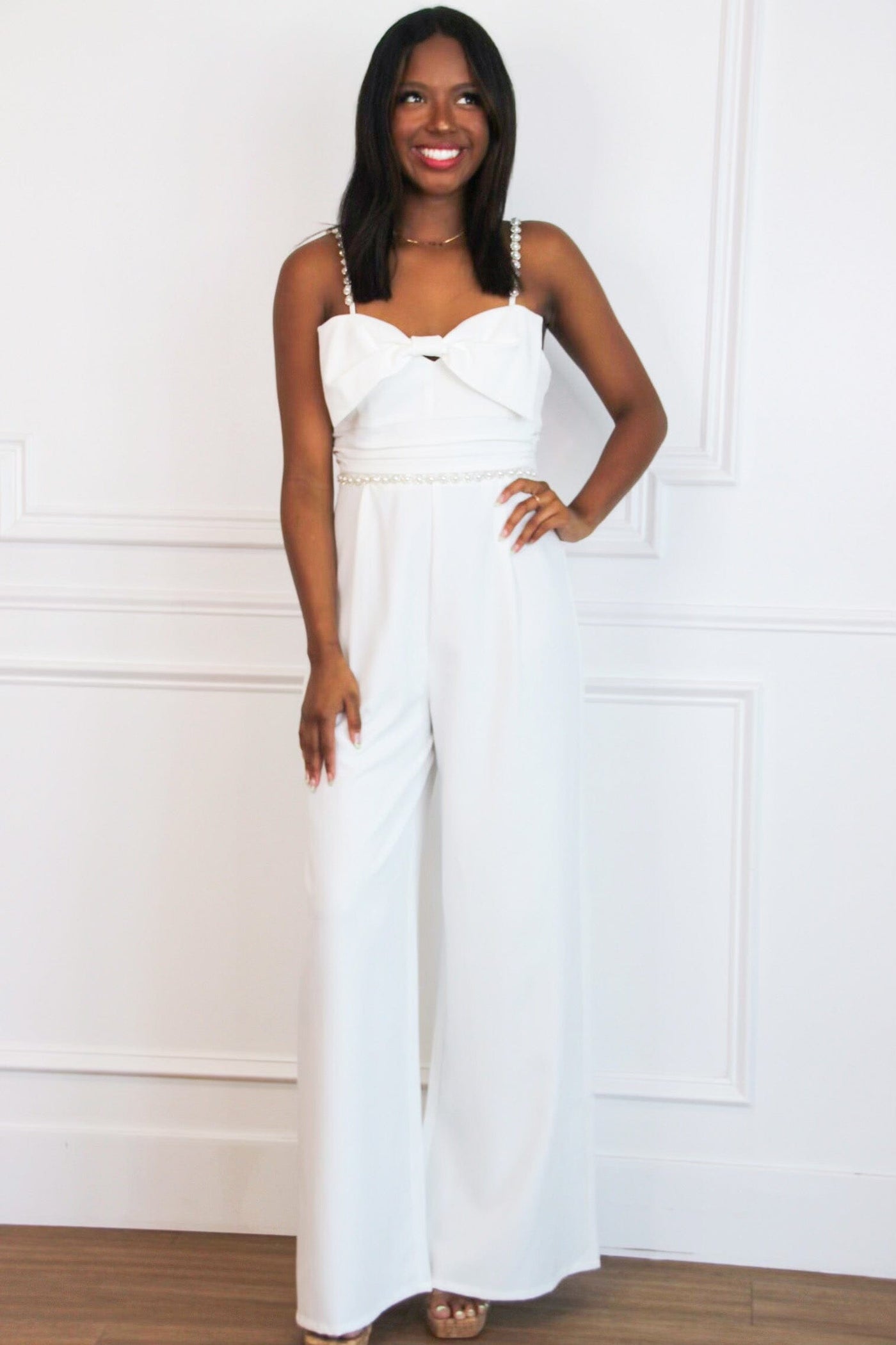 Roxi Pearl Embellished Bow Jumpsuit: White - Bella and Bloom Boutique