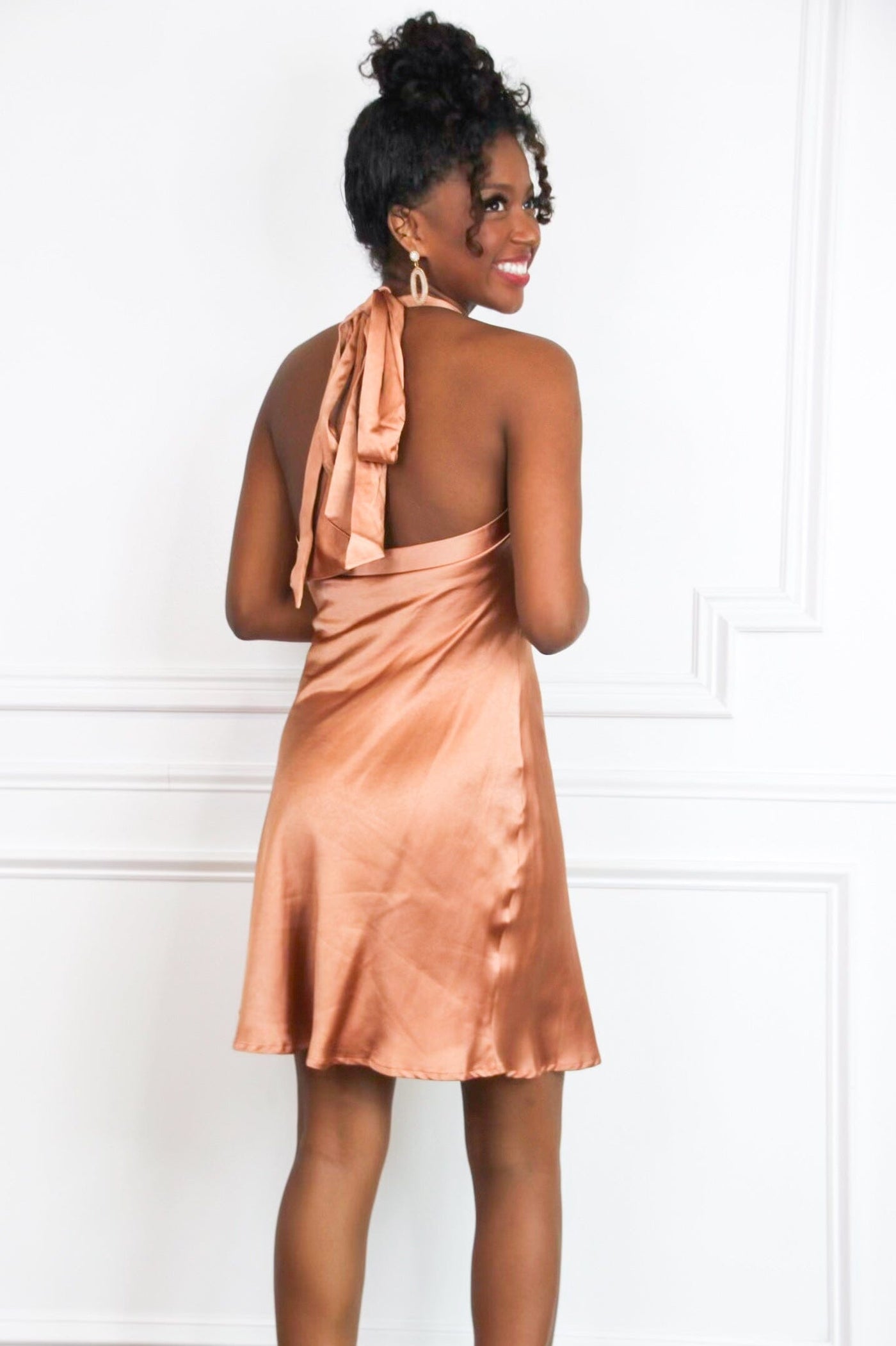 Share My Heart Satin Cowl Neck Halter Dress: Rust - Bella and Bloom Boutique