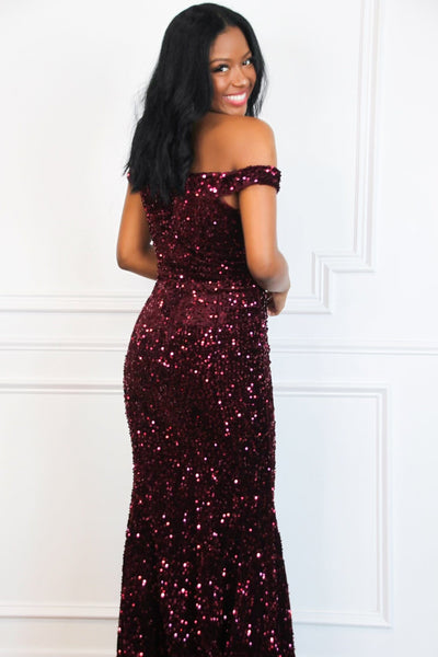 Jadelynn Velvet Sequin Off Shoulder Maxi Dress: Burgundy - Bella and Bloom Boutique