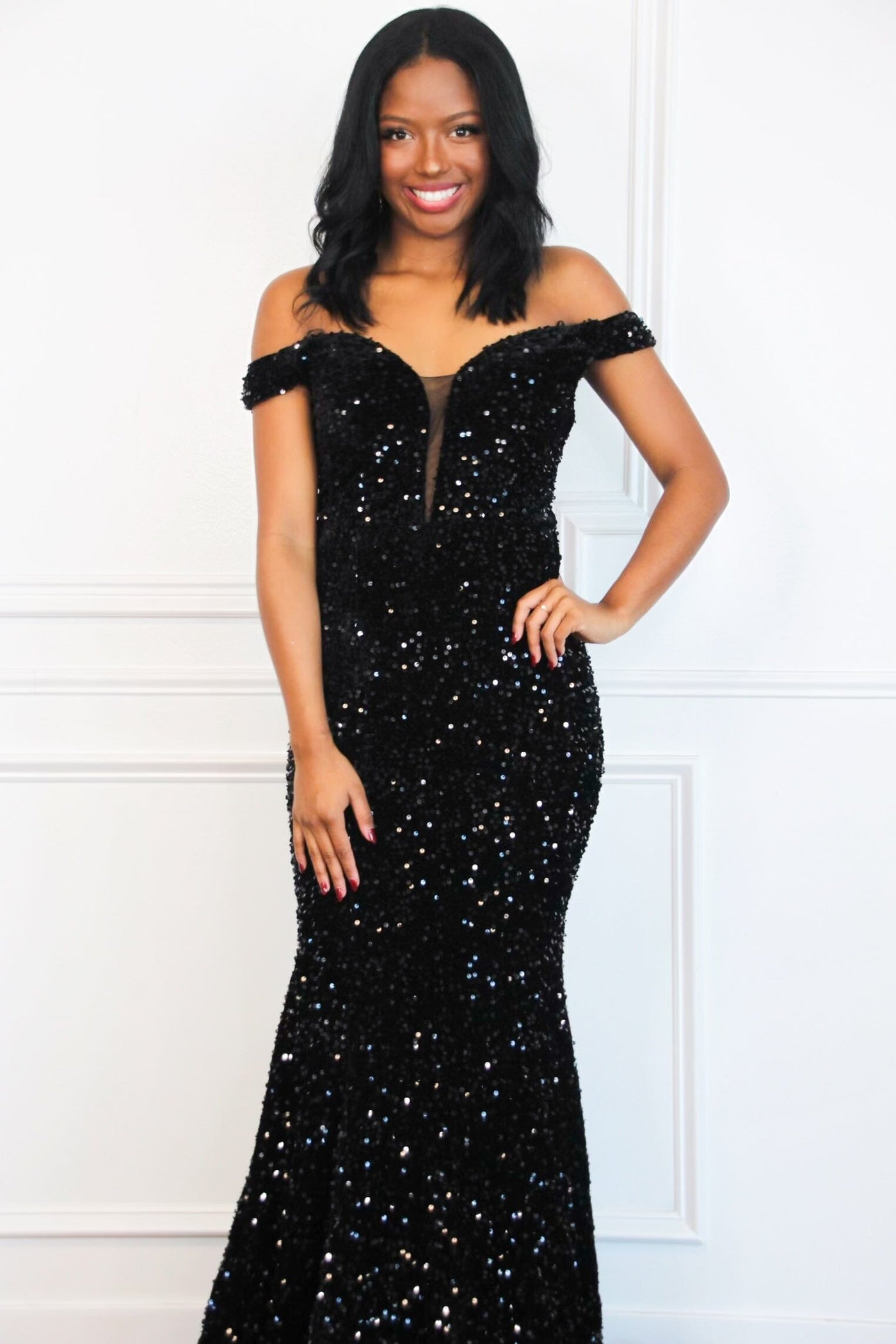 Jadelynn Velvet Sequin Off Shoulder Maxi Dress: Black - Bella and Bloom Boutique