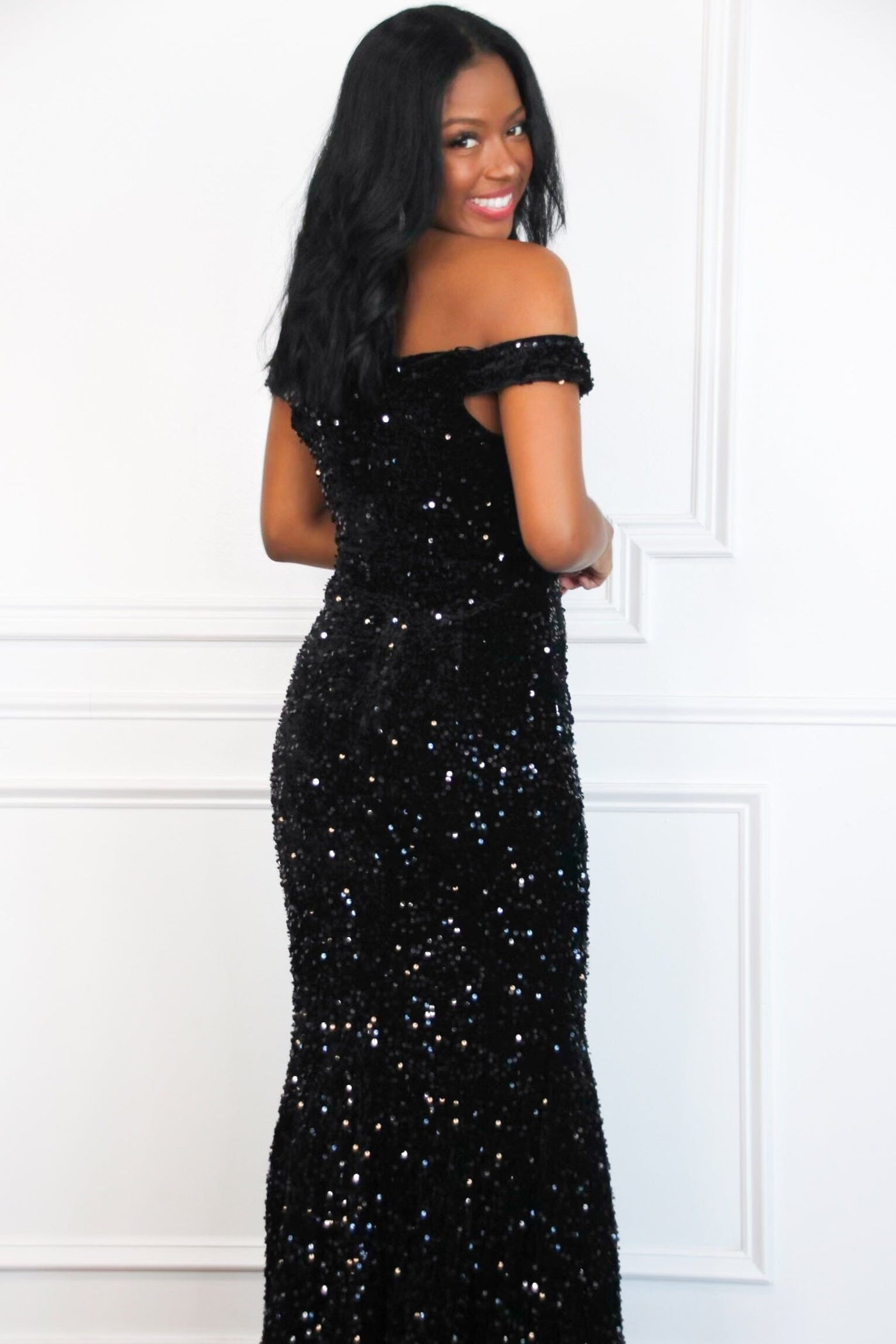 Jadelynn Velvet Sequin Off Shoulder Maxi Dress: Black - Bella and Bloom Boutique