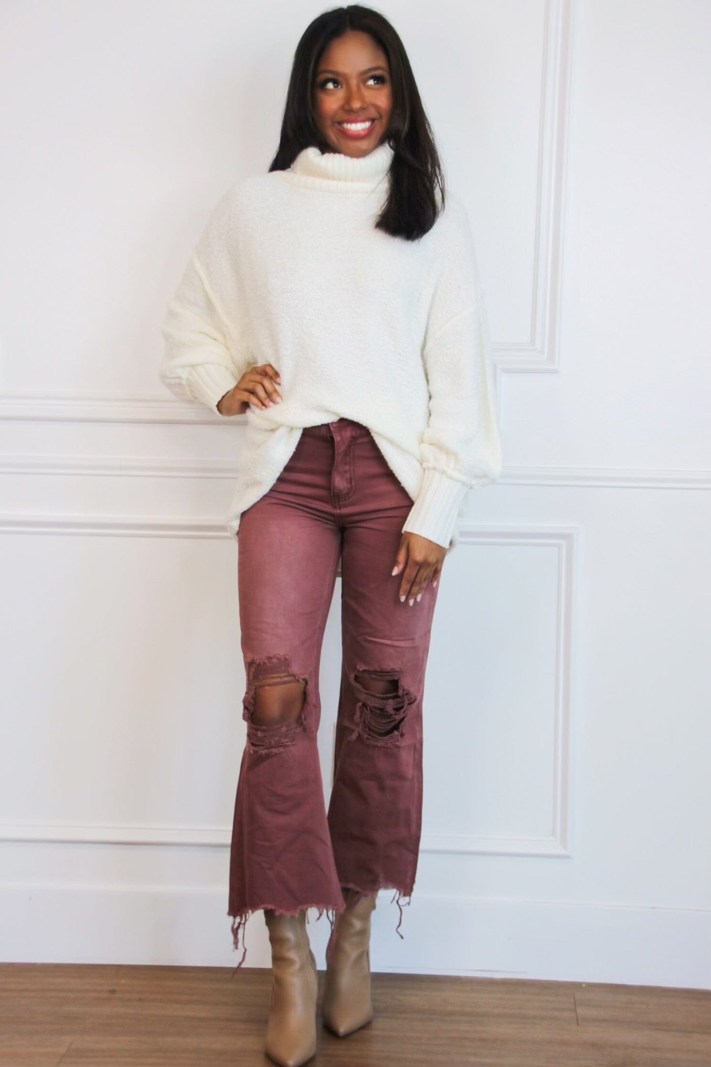 Leslie Distressed Straight High Waisted Crop Flare Denim: Russet Brown - Bella and Bloom Boutique