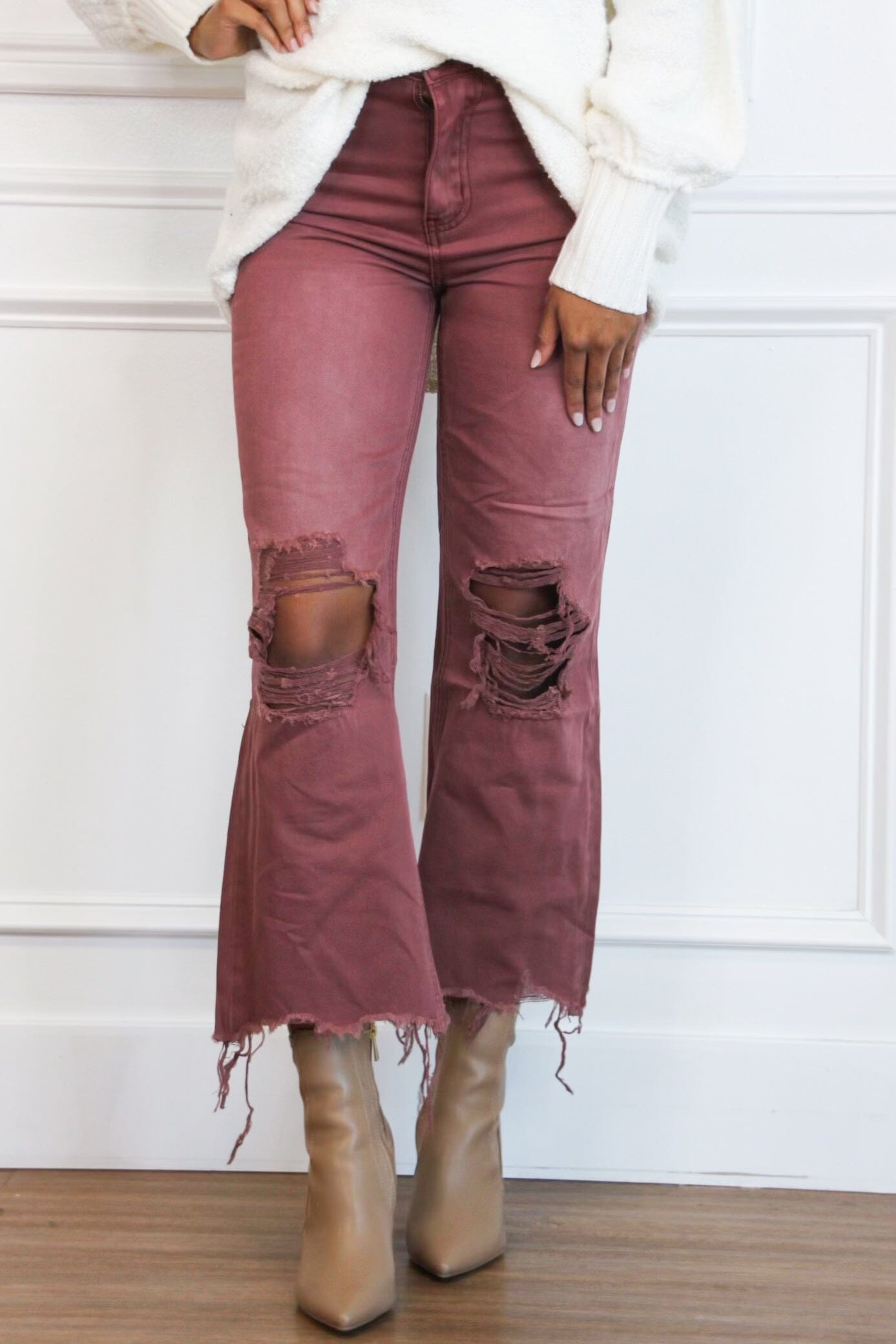 Leslie Distressed Straight High Waisted Crop Flare Denim: Russet Brown - Bella and Bloom Boutique
