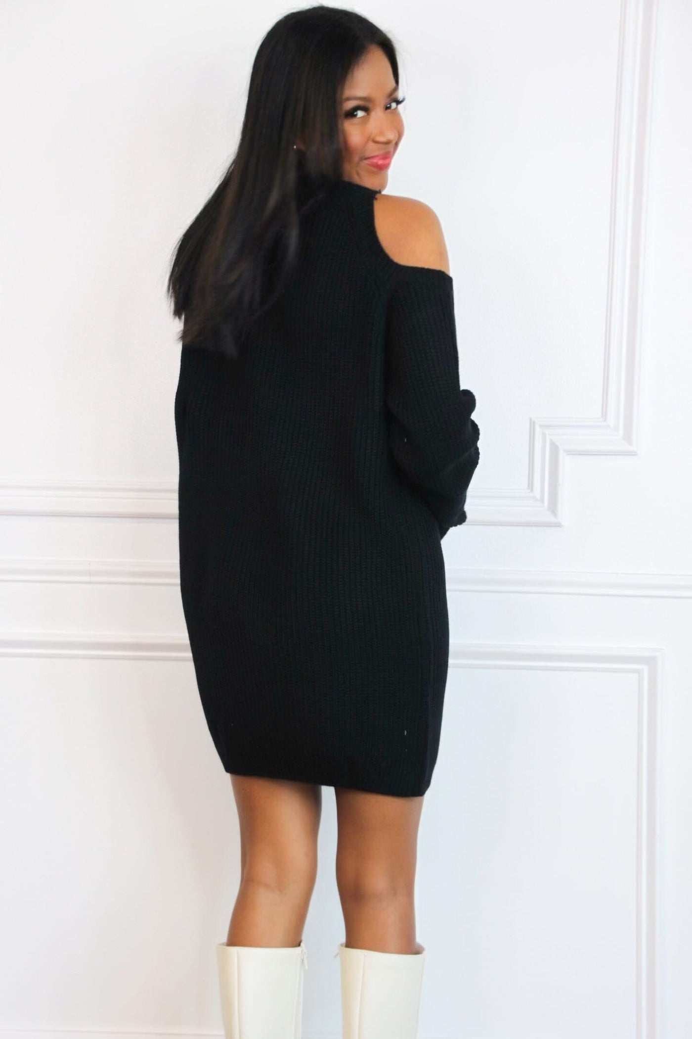 Leah Cold Shoulder Sweater Dress: Black - Bella and Bloom Boutique