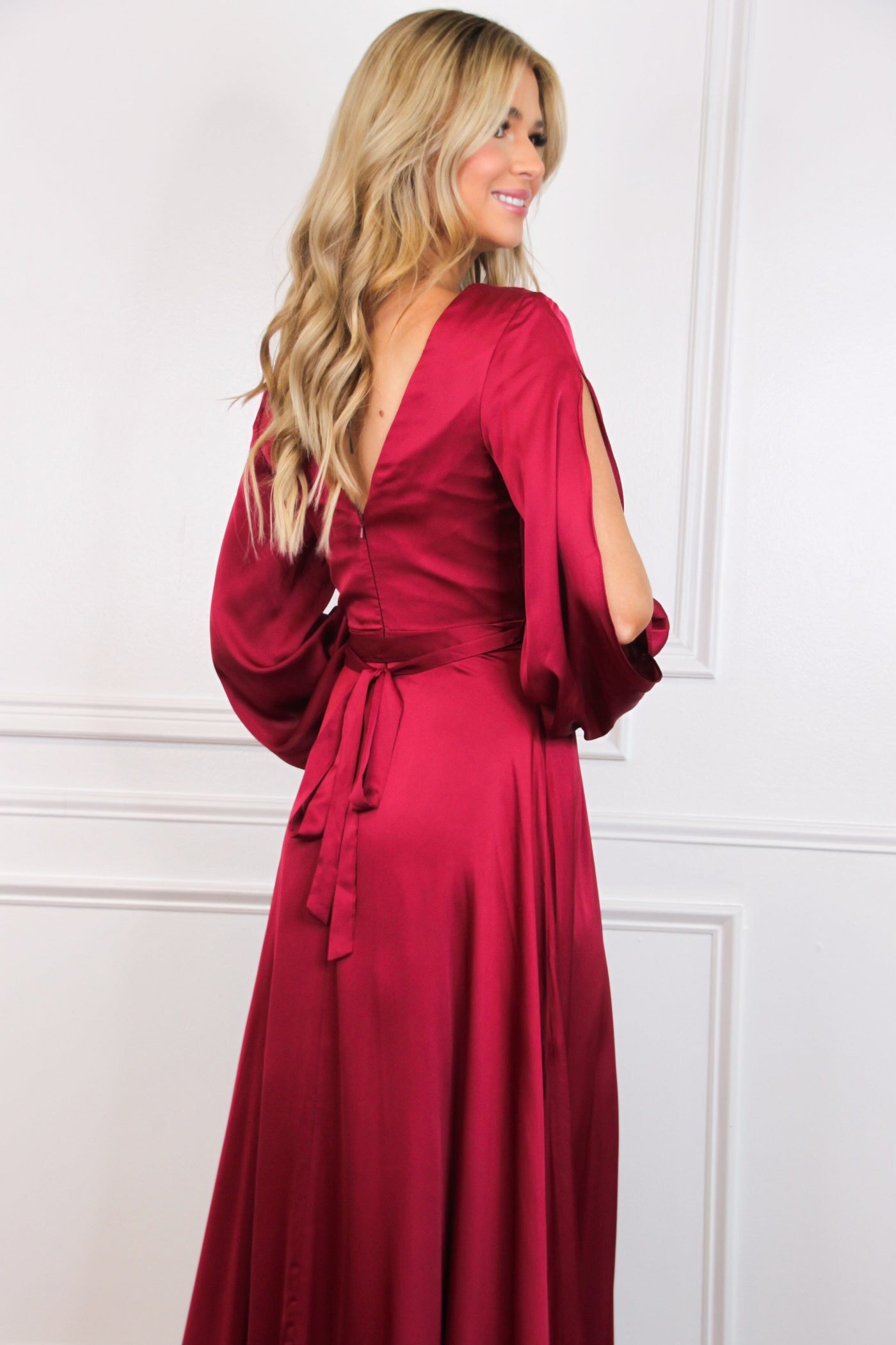 Scarlett Long Sleeve Slit Formal Dress: Burgundy - Bella and Bloom Boutique