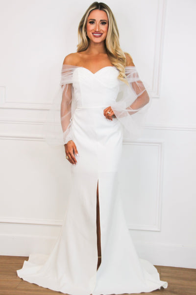 Katherine Off Shoulder Puff Sleeve Maxi Dress: White - Bella and Bloom Boutique
