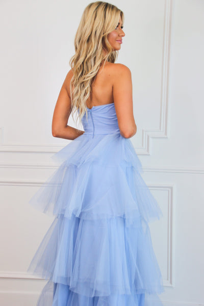 Fairytale State of Mind Tiered Tulle Maxi Dress: Light Blue - Bella and Bloom Boutique