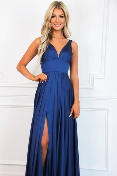 Remi Satin V-Neck Slit Formal Dress: Navy - Bella and Bloom Boutique