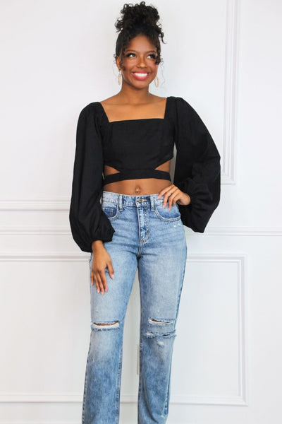 Celeste Cutout Balloon Sleeve Crop Top: Black - Bella and Bloom Boutique