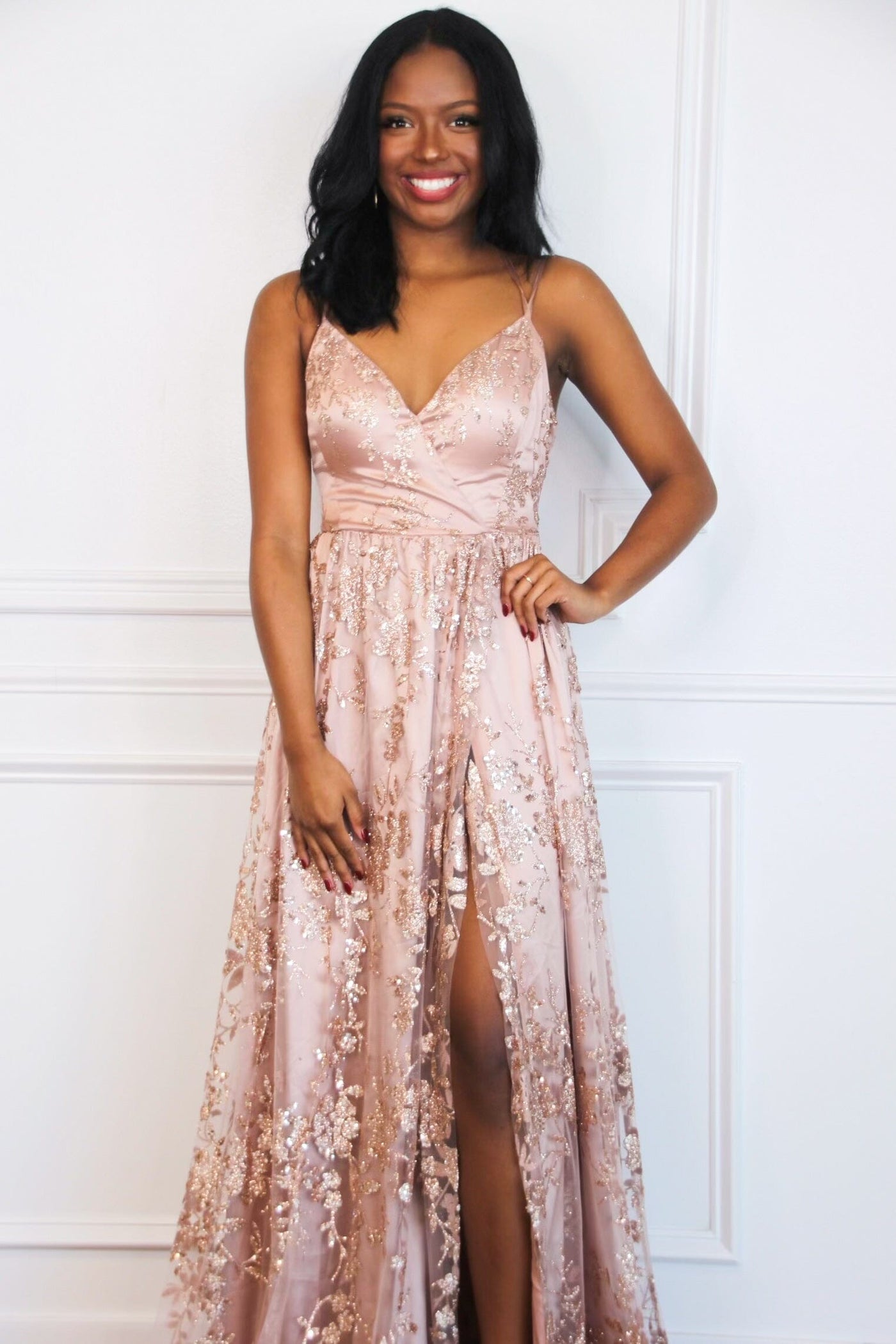 Holiday Affair Sparkly Open Back Maxi Dress: Rose Gold - Bella and Bloom Boutique