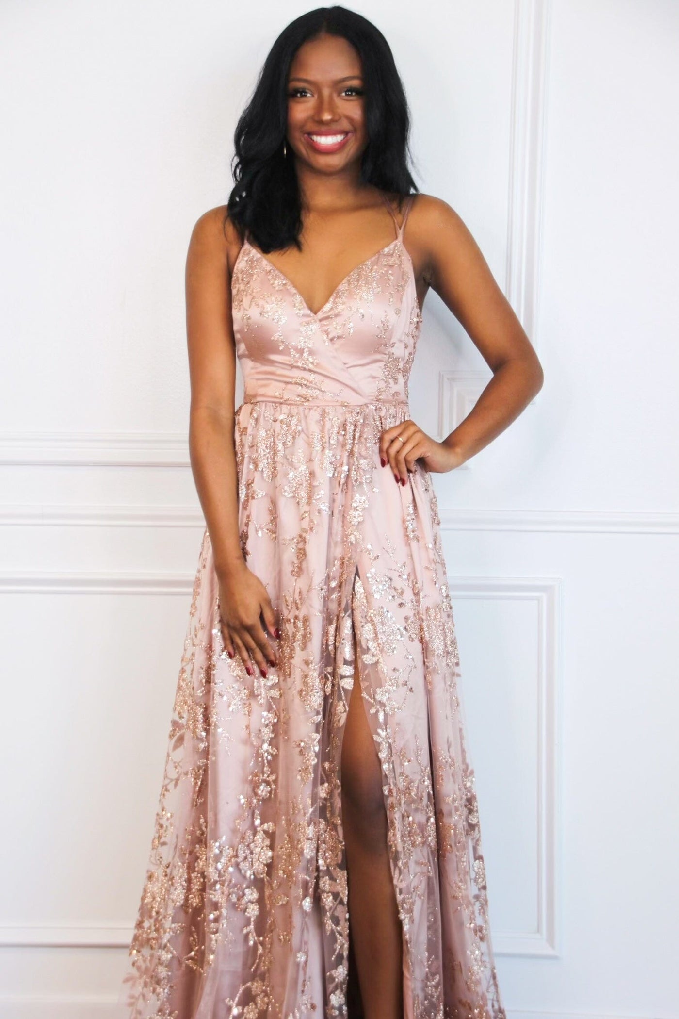 Bella and Bloom Boutique - Holiday Affair Sparkly Open Back Maxi Dress: Rose Gold Bella and Bloom Boutique - Holiday Affair Sparkly Open Back Maxi Dress: Rose Gold