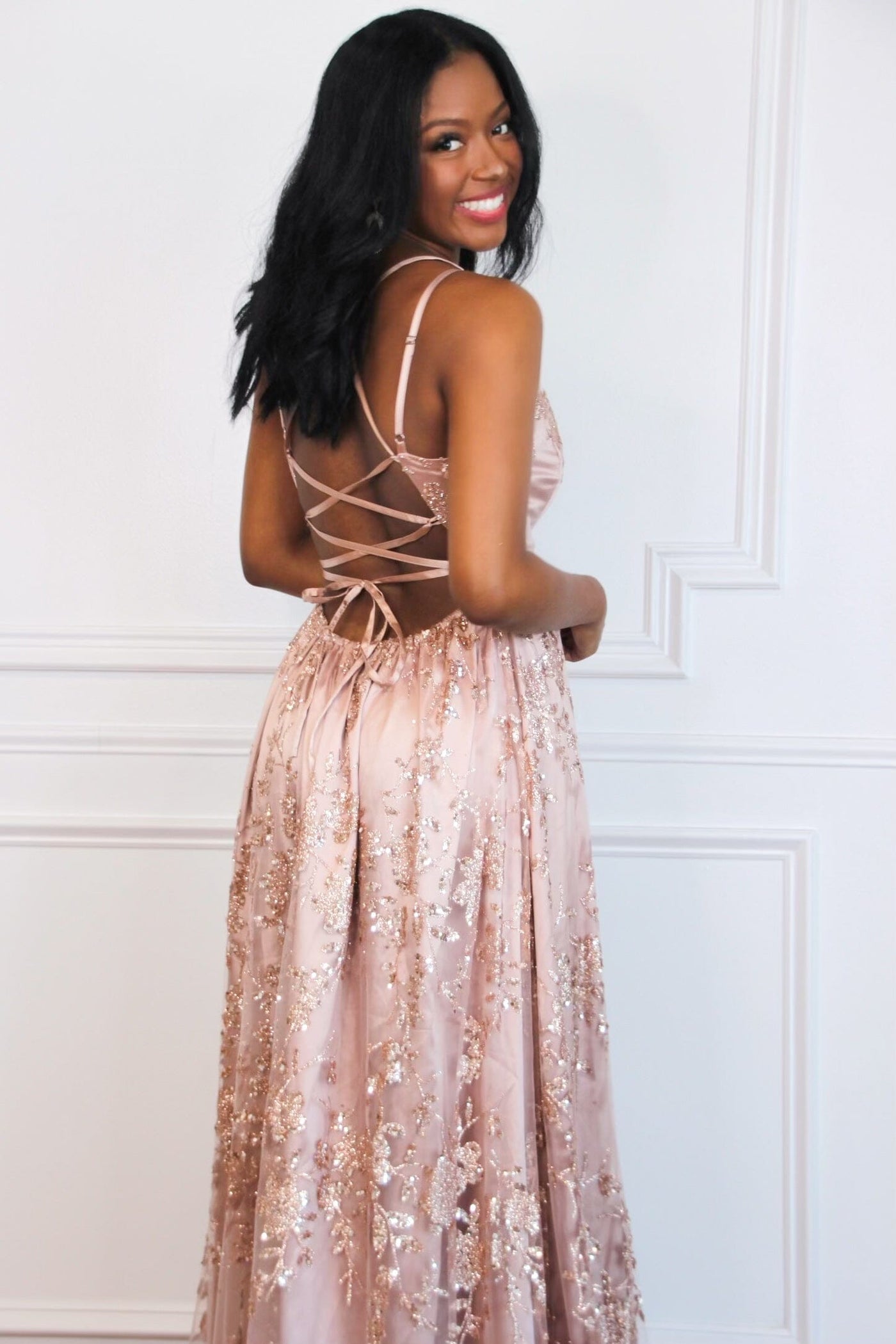Maxi Dress Rose Gold Open Back Dress Aleta Long Sequin Prom Dress With Strappy Back New Maxi Dress Rose Gold Open Back Dress Aleta Long Sequin Prom Dress With Strappy Back New