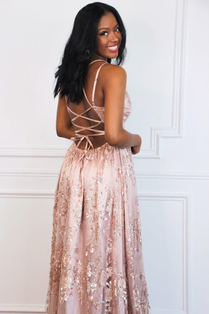 Bella and Bloom Boutique - Holiday Affair Sparkly Open Back Maxi