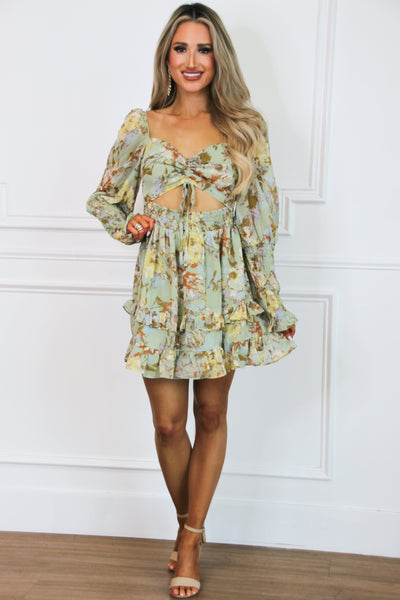 Dancing All Around It Long Sleeve Floral Dress: Sage - Bella and Bloom Boutique