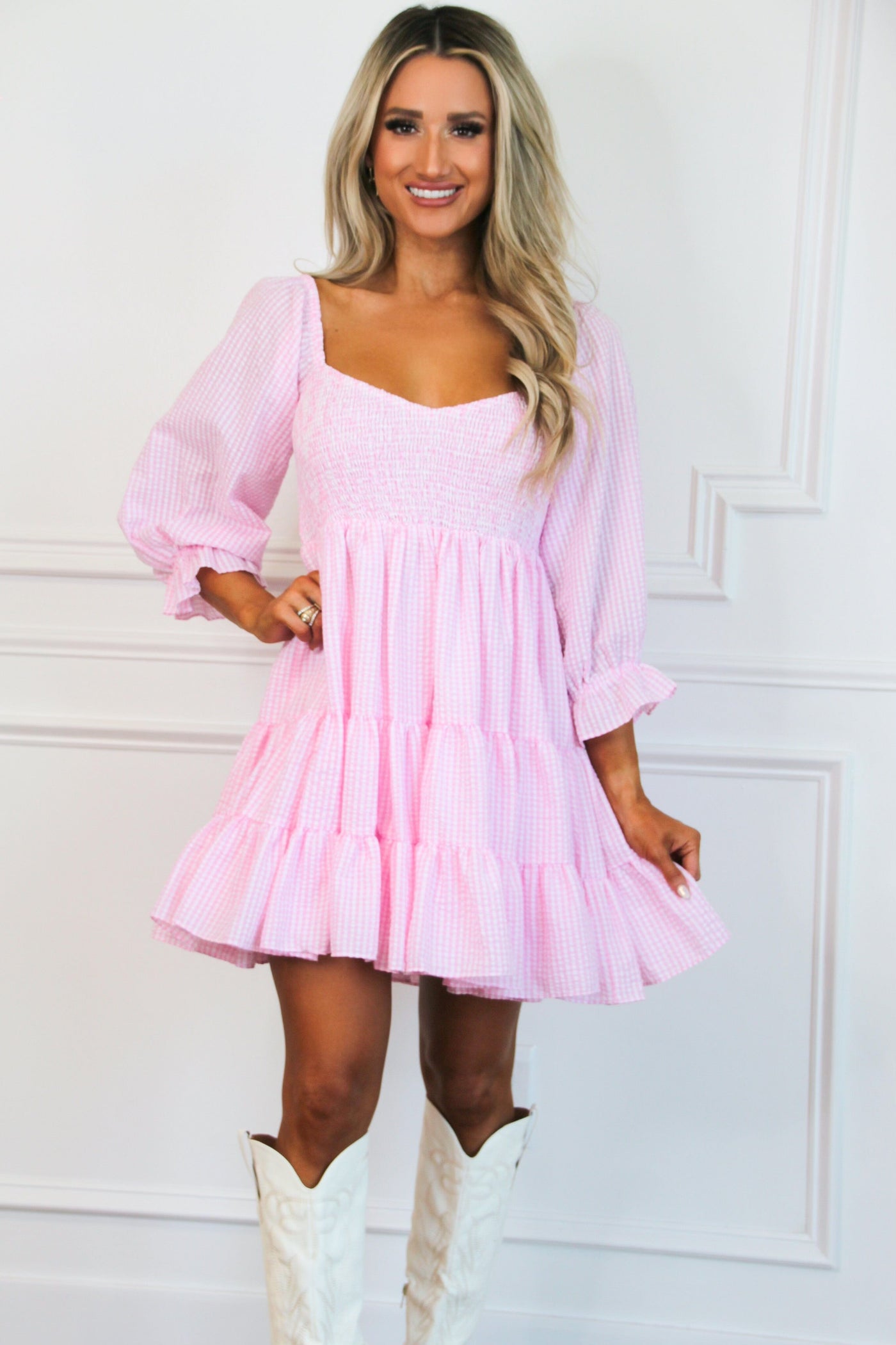 Say So Gingham Babydoll Dress: Pink - Bella and Bloom Boutique