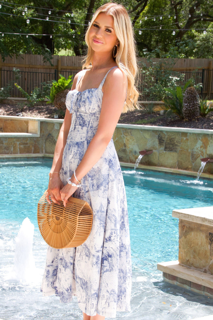 Bella and Bloom Boutique - Take Me to Capri Printed Midi Dress: White/Blue Large / White/Blue