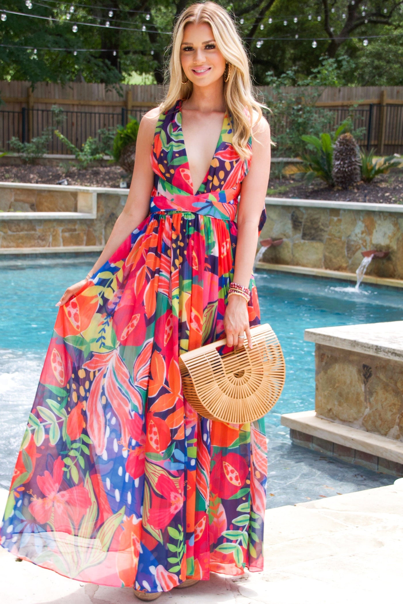 Under the Solstice Sun Tropical Cutout Open Back Maxi Dress: Red Multi
