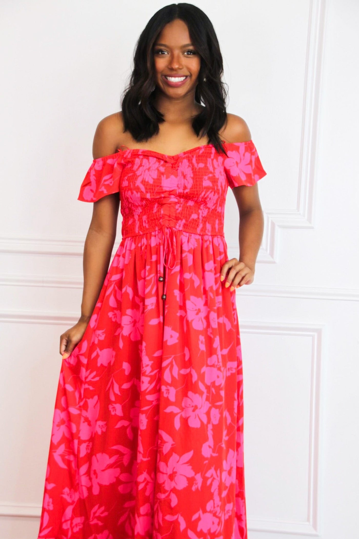 Penelope Smocked Floral Maxi Dress: Red/Fuchsia - Bella and Bloom Boutique