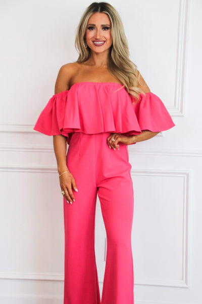 Darcy Off Shoulder Jumpsuit: Fuchsia - Bella and Bloom Boutique