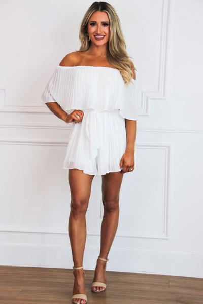 Piper Pleated Off Shoulder Romper: White - Bella and Bloom Boutique