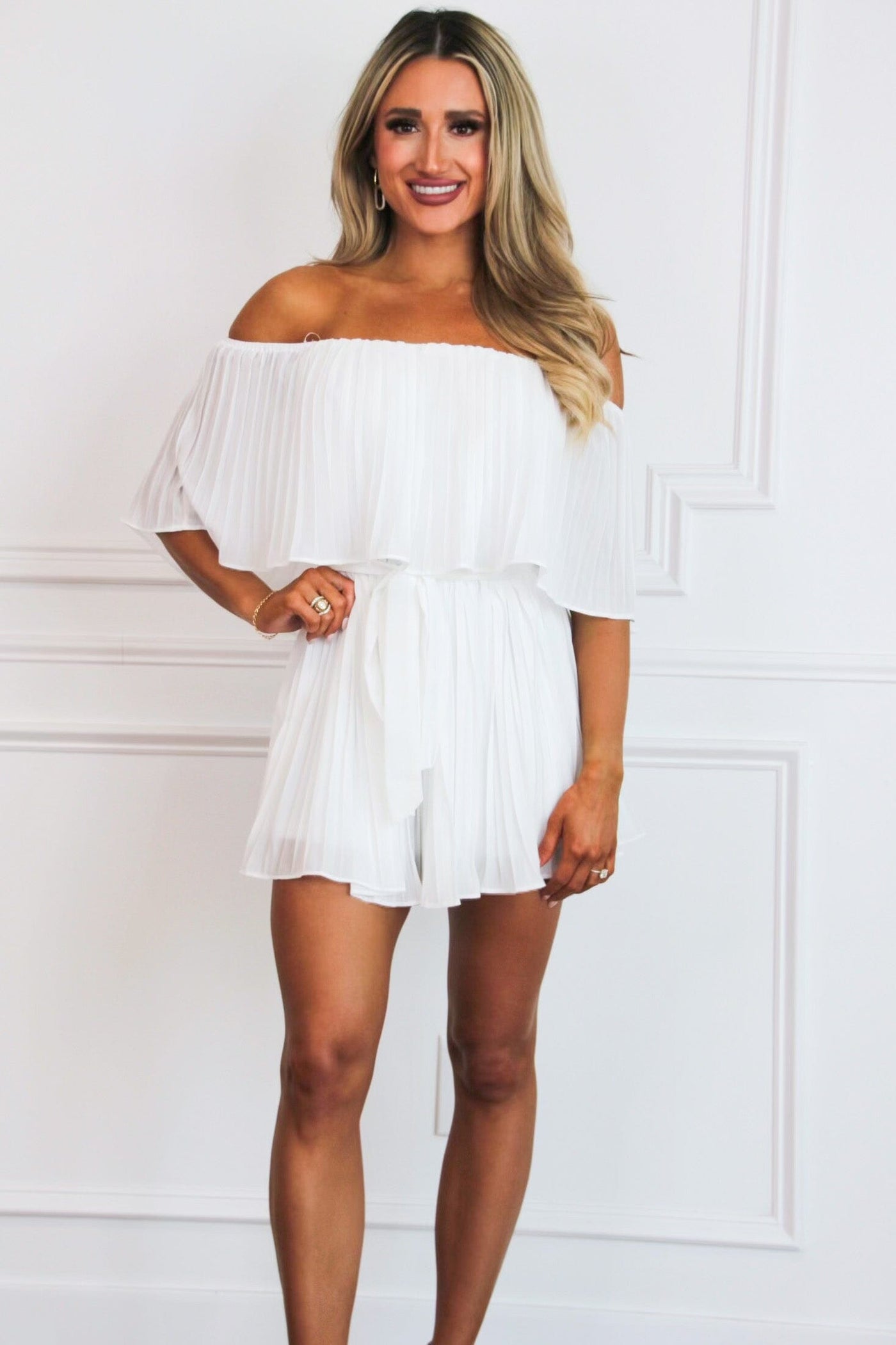 Piper Pleated Off Shoulder Romper: White - Bella and Bloom Boutique