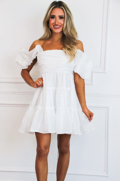 Delaney Off Shoulder Babydoll Dress: White - Bella and Bloom Boutique