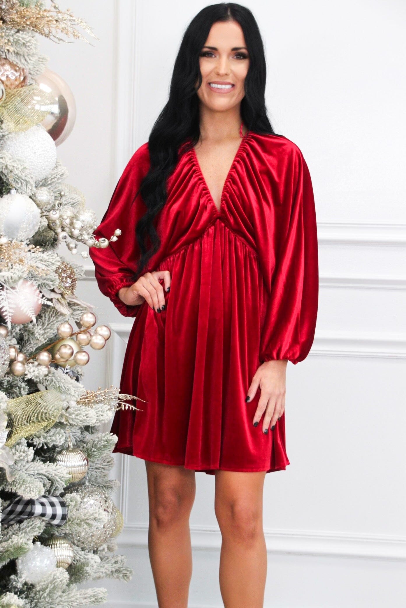 Bella and Bloom Boutique - Luxe Feeling Velvet Dress: Red Small / Red Bella and Bloom Boutique - Luxe Feeling Velvet Dress: Red Small / Red