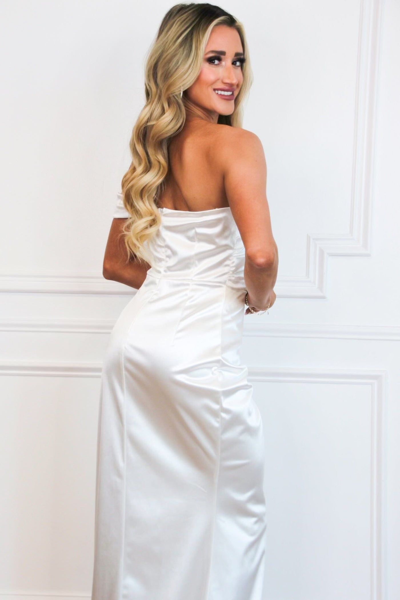 Lowen One Shoulder Satin Maxi Dress: White - Bella and Bloom Boutique
