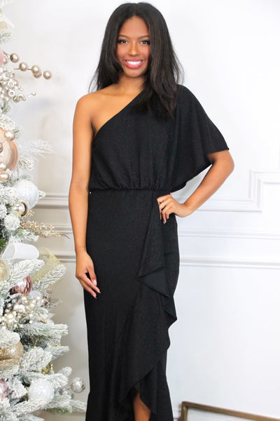 Mariah Sparkly Ruffle One Shoulder Midi Dress: Black - Bella and Bloom Boutique