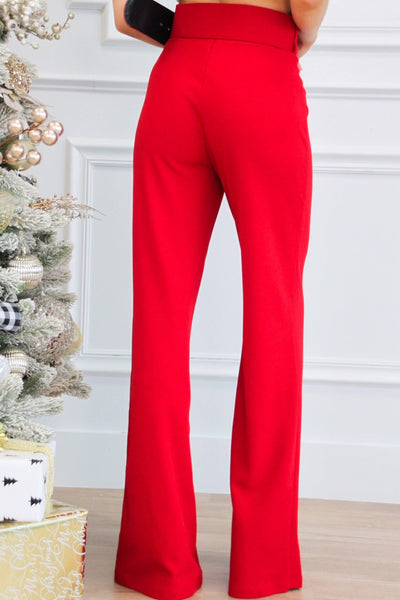 Touch of Sparkle High Waisted Embellished Belt Pants: Red - Bella and Bloom Boutique