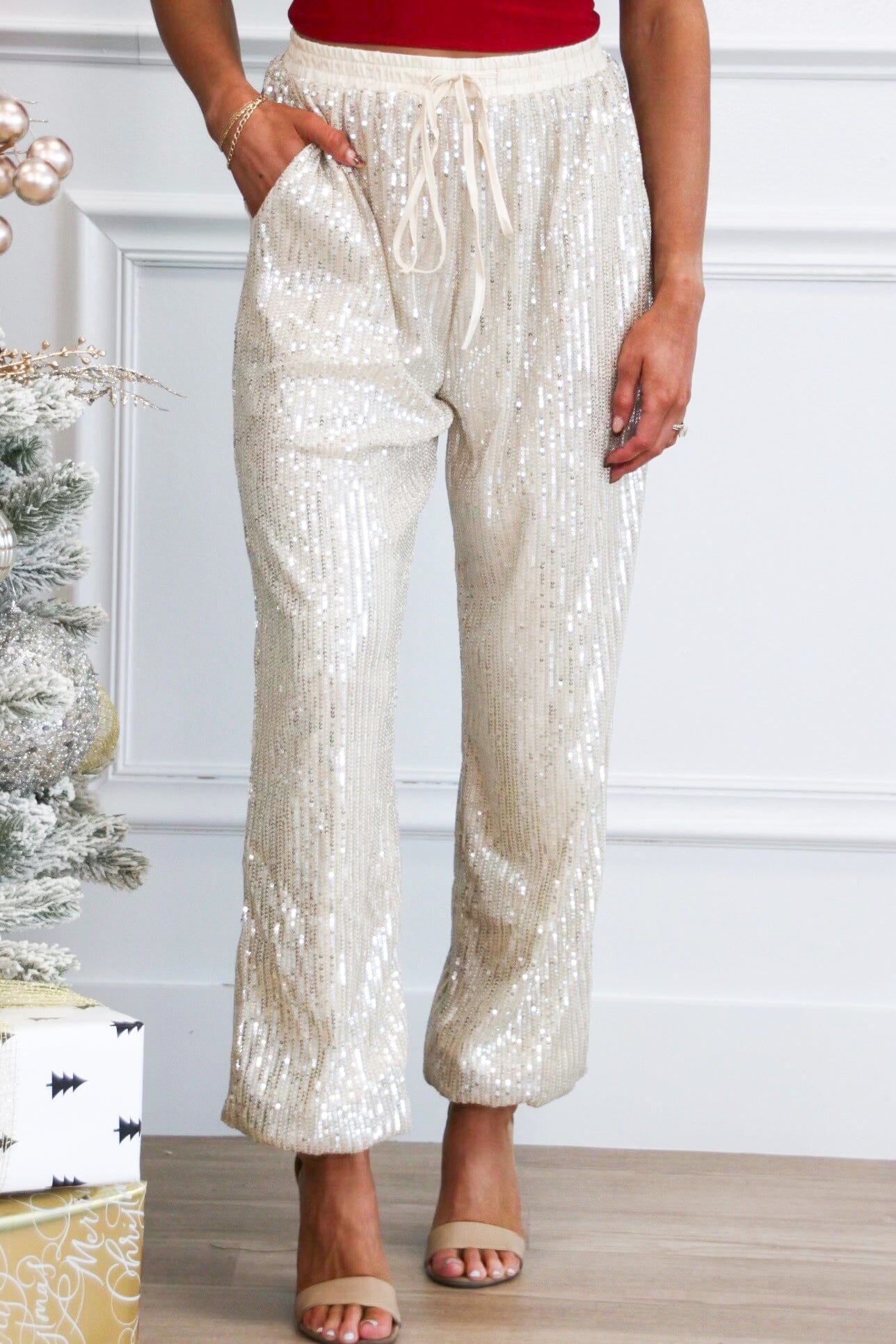 Holiday Cheer Sequin Joggers: Champagne - Bella and Bloom Boutique