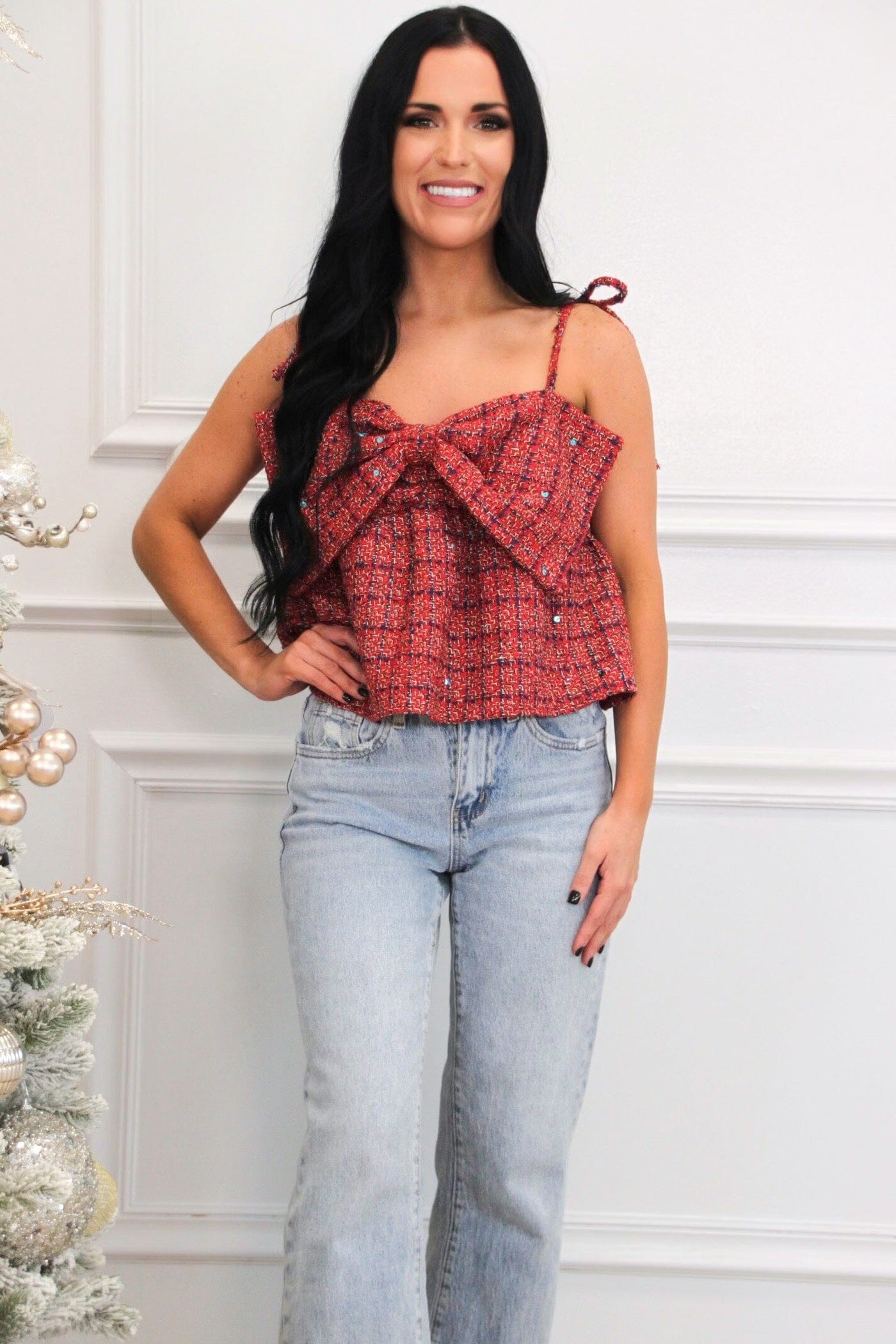 Atlas Bow Babydoll Plaid Tweed Top: Red - Bella and Bloom Boutique