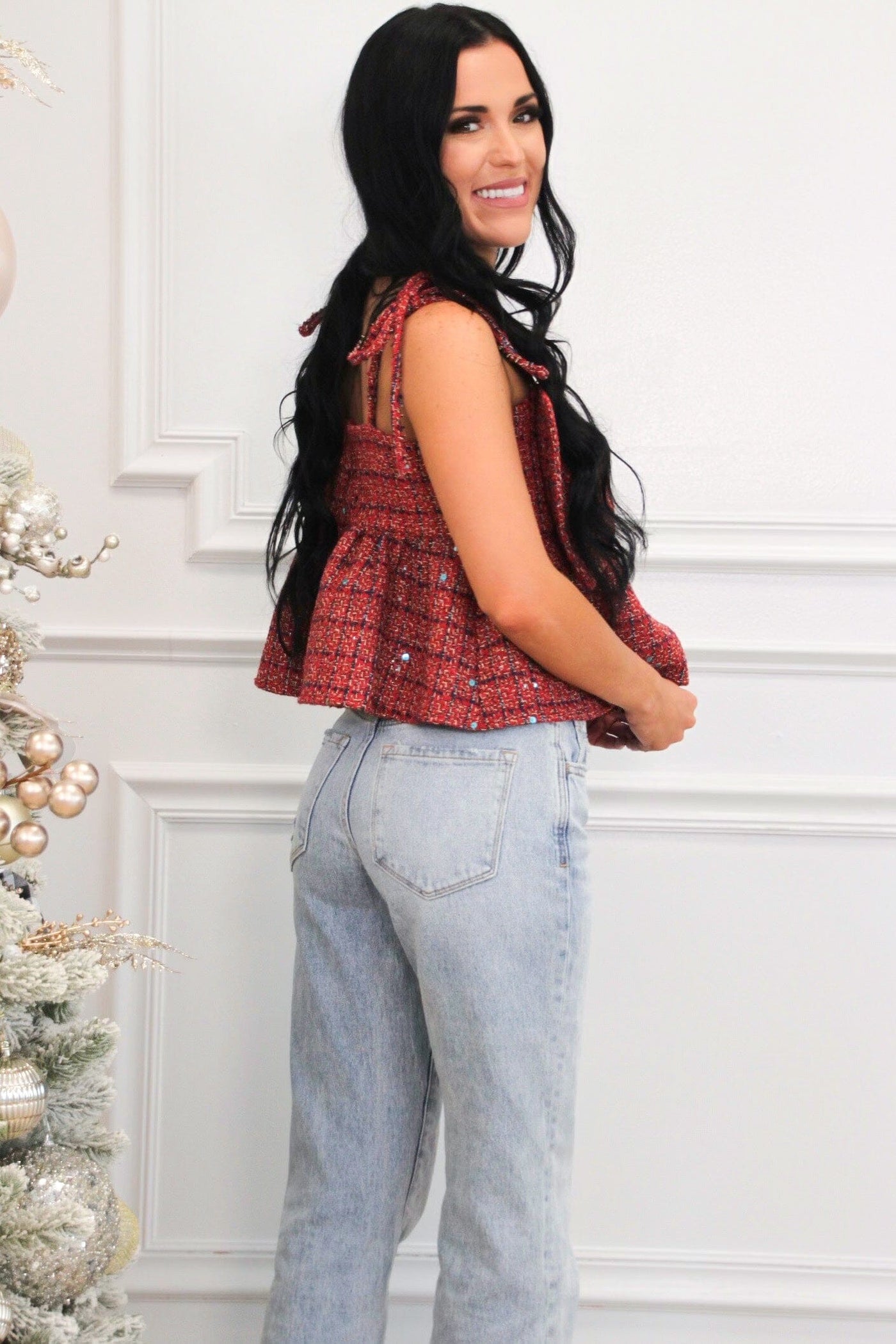 Atlas Bow Babydoll Plaid Tweed Top: Red - Bella and Bloom Boutique