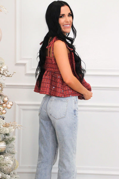 Atlas Bow Babydoll Plaid Tweed Top: Red - Bella and Bloom Boutique