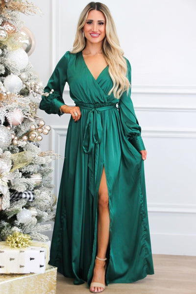 Jordana Long Sleeve Satin Maxi Dress: Green - Bella and Bloom Boutique