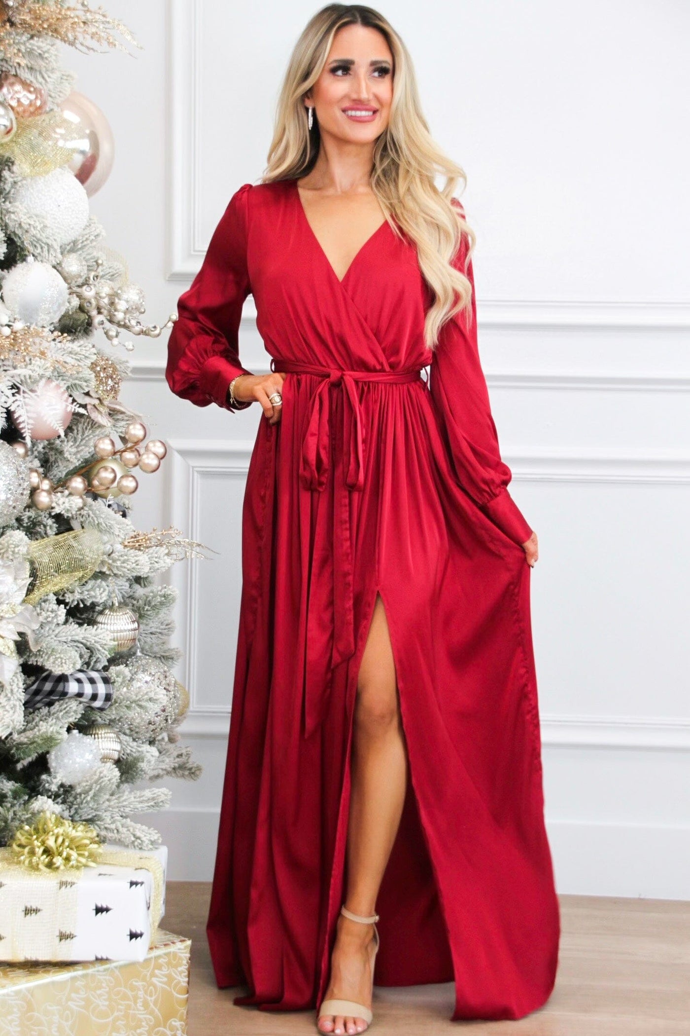 Jordana Long Sleeve Satin Maxi Dress: Burgundy - Bella and Bloom Boutique