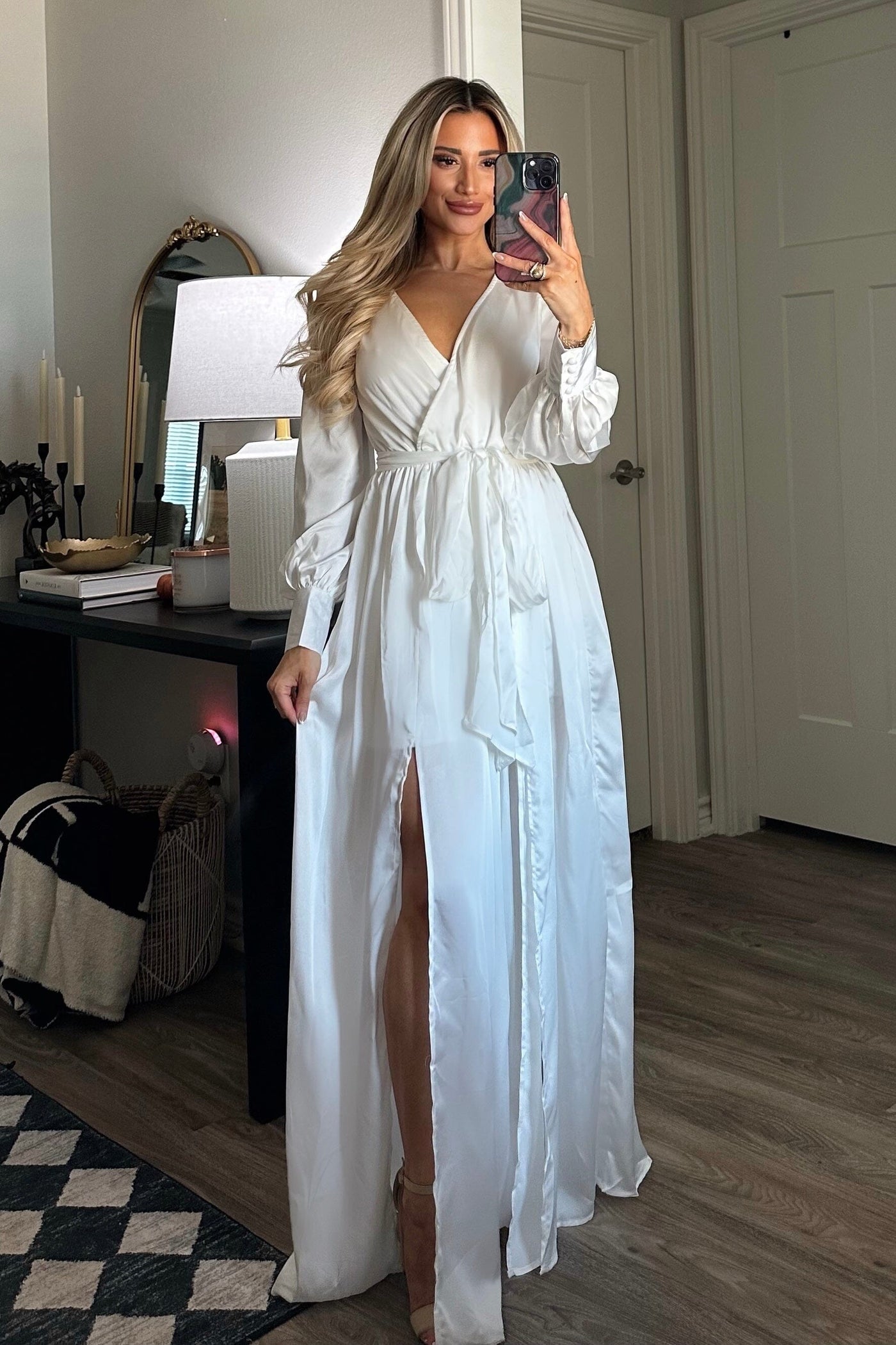 Winter Beauty Satin Maxi Dress: White - Bella and Bloom Boutique