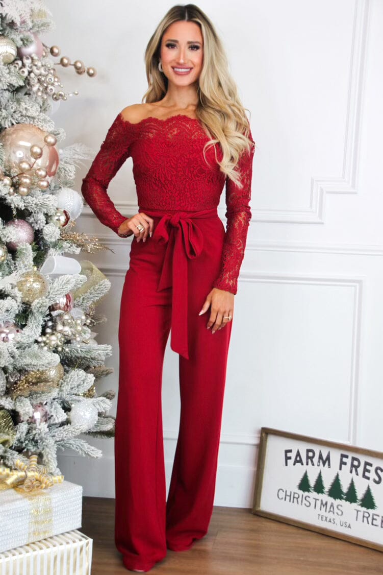 Sinclair Lace Off Shoulder Jumpsuit: Burgundy Red - Bella and Bloom Boutique