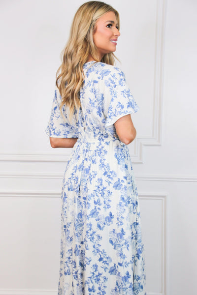 Amina Floral Batwing Midi Dress: White/Blue - Bella and Bloom Boutique