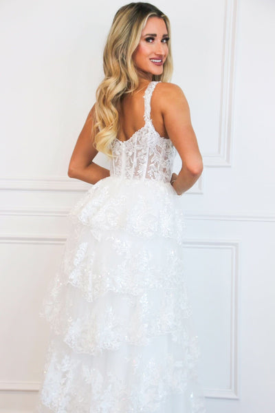 Jolene Sparkly Lace Ruffle Bustier Formal Dress: White - Bella and Bloom Boutique