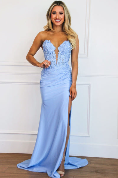 Karter Lace Bustier Shimmer Strapless Slit Formal Dress: Periwinkle Blue - Bella and Bloom Boutique
