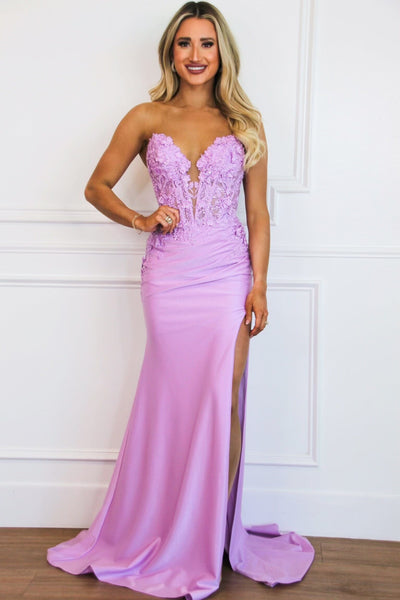 Karter Lace Bustier Shimmer Strapless Slit Formal Dress: Lavender Bottoms Bella and Bloom Boutique 