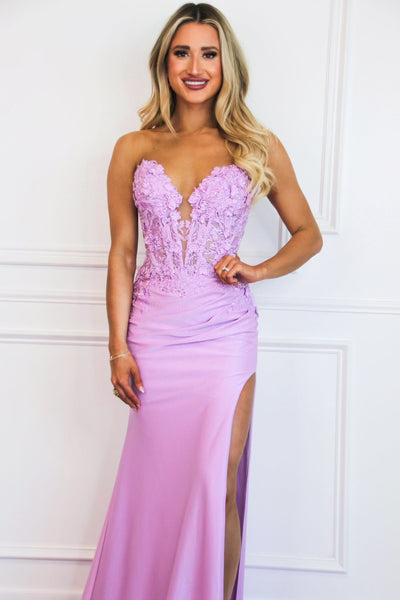 Karter Lace Bustier Shimmer Strapless Slit Formal Dress: Lavender - Bella and Bloom Boutique