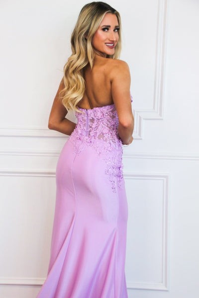 Karter Lace Bustier Shimmer Strapless Slit Formal Dress: Lavender - Bella and Bloom Boutique