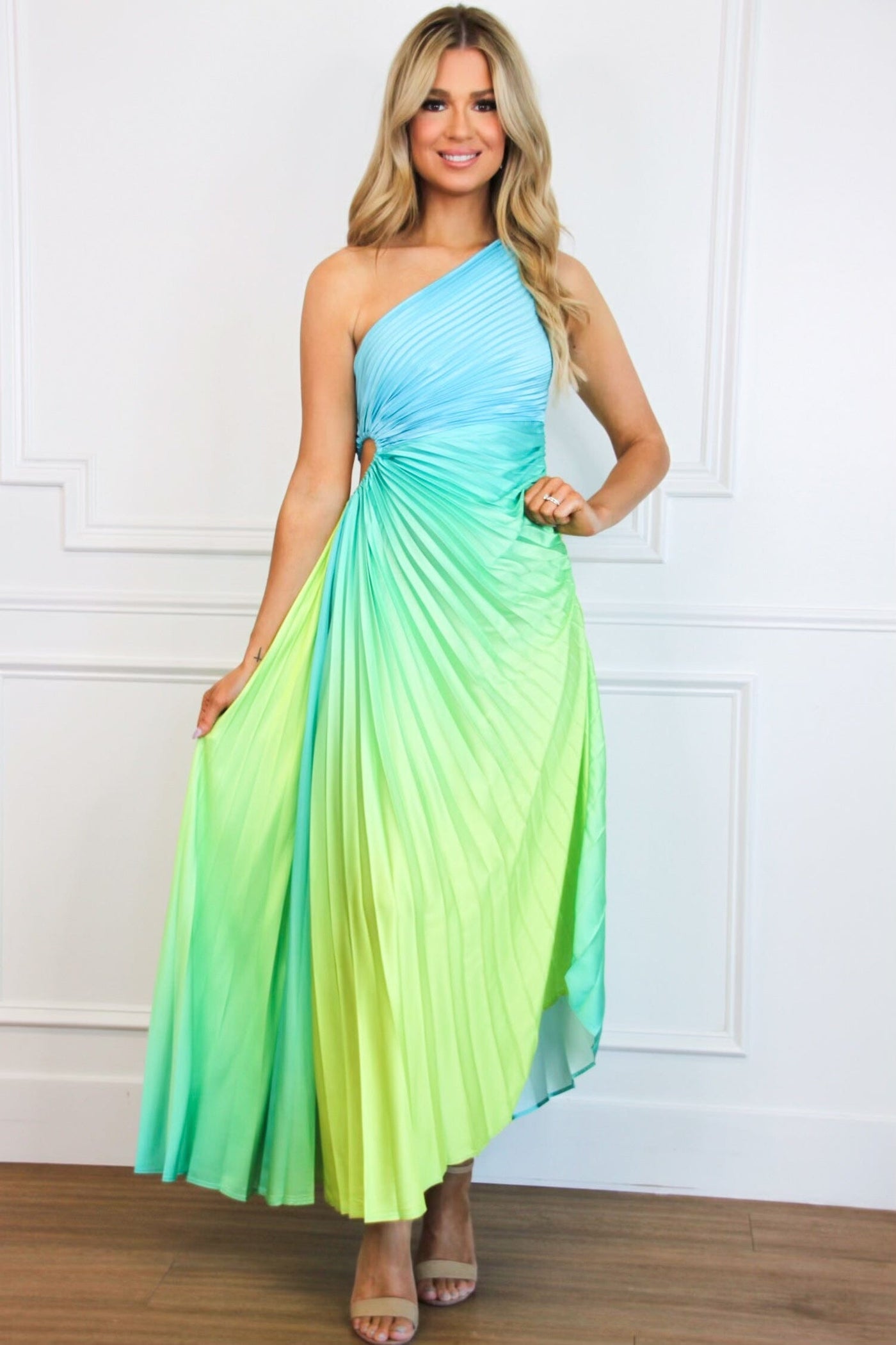 St Tropez Ombre Pleated One Shoulder Maxi Dress: Blue/Green Multi - Bella and Bloom Boutique